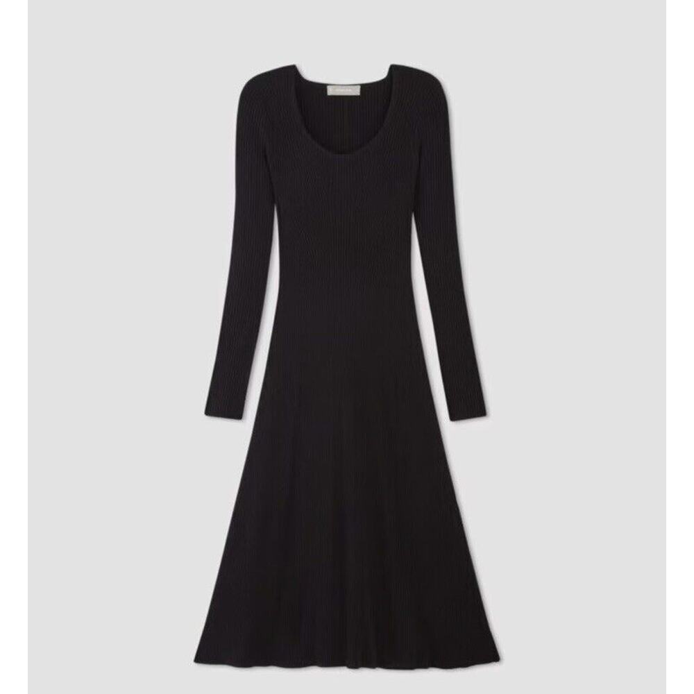 Everlane Long Sleeve Ribbed A-Line Midi Dress Scoop Neck Black Sz S